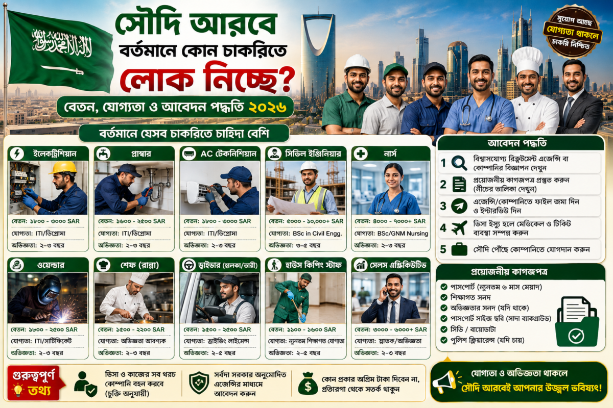 সৌদি আরবে বর্তমানে কোন চাকরিতে লোক নিচ্ছে? বেতন, যোগ্যতা ও আবেদন পদ্ধতি ২০২৬