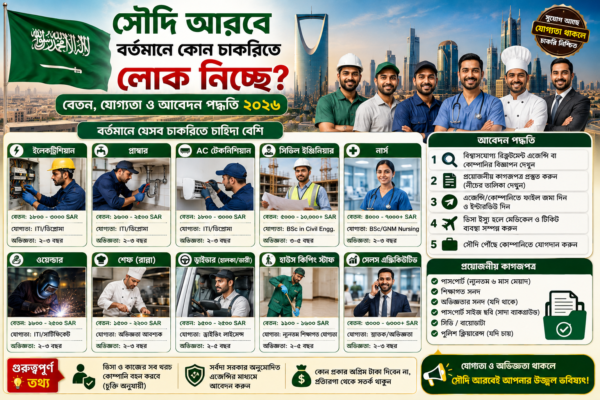 সৌদি আরবে বর্তমানে কোন চাকরিতে লোক নিচ্ছে? বেতন, যোগ্যতা ও আবেদন পদ্ধতি ২০২৬