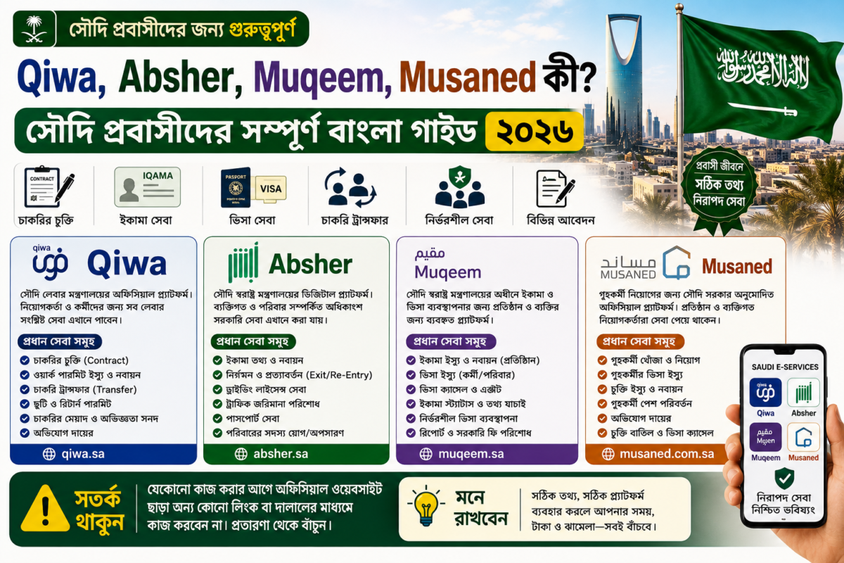 Qiwa, Absher, Muqeem, Musaned কী? সৌদি প্রবাসীদের সম্পূর্ণ বাংলা গাইড ২০২৬