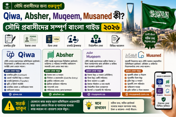 Qiwa, Absher, Muqeem, Musaned কী? সৌদি প্রবাসীদের সম্পূর্ণ বাংলা গাইড ২০২৬