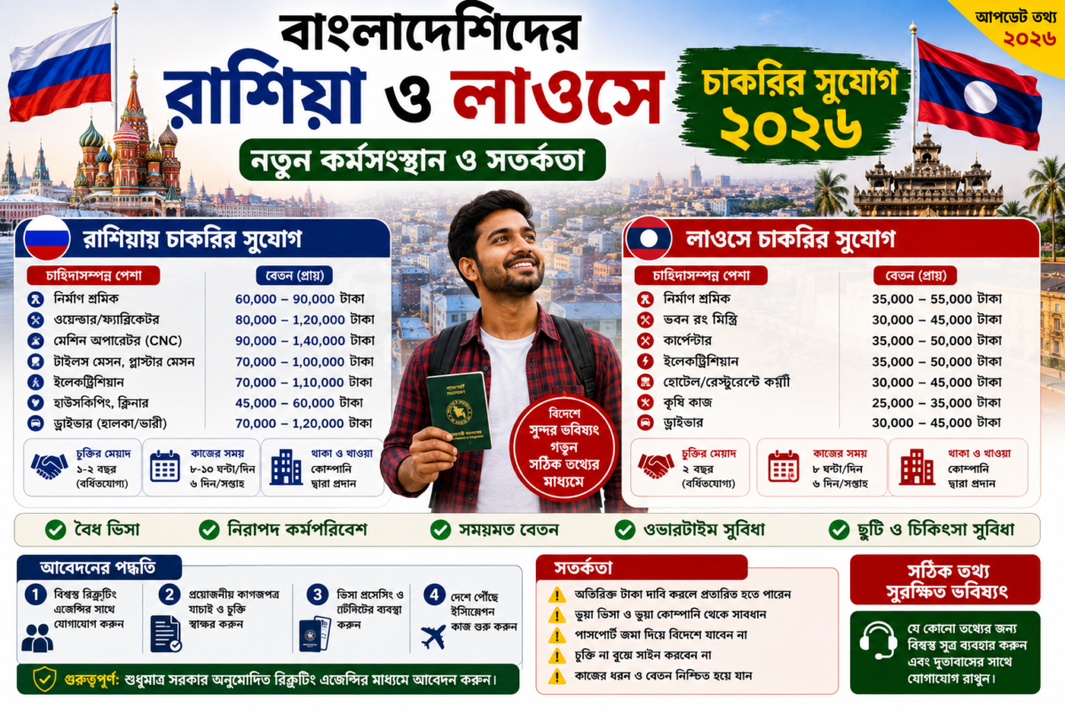 বাংলাদেশিদের রাশিয়া ও লাওসে চাকরির সুযোগ ২০২৬ | নতুন কর্মসংস্থান ও সতর্কতা