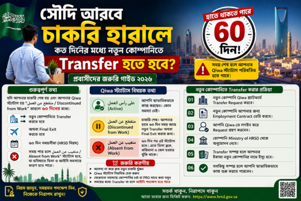 সৌদি আরবে চাকরি হারালে কত দিনের মধ্যে Transfer হতে হবে? ৬০ দিনের নিয়ম জানুন