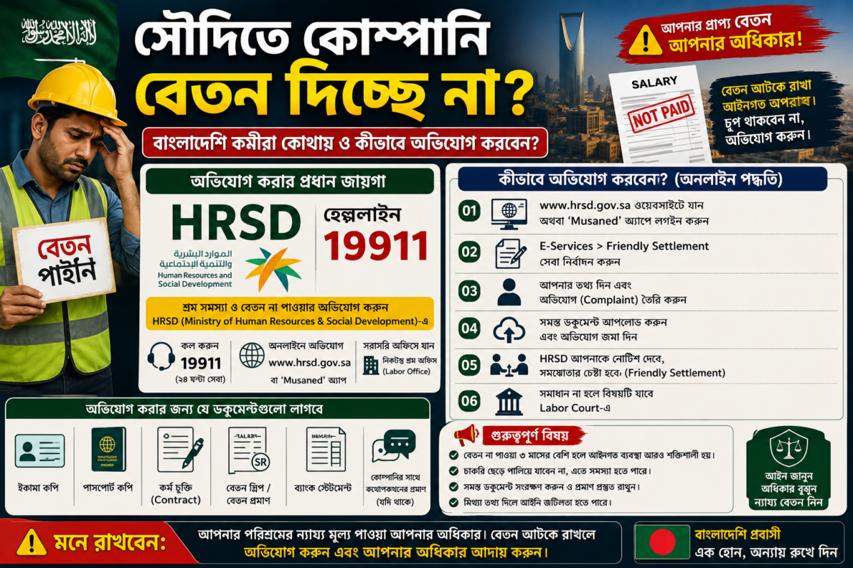 সৌদিতে কোম্পানি বেতন না দিলে কী করবেন? কোথায় অভিযোগ করবেন—সম্পূর্ণ গাইড ২০২৬