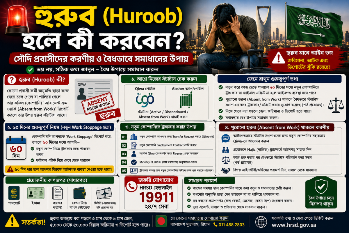 সৌদিতে হুরুব হলে কী করবেন? Huroob কাটানো, Transfer ও ৬০ দিনের নিয়ম ২০২৬