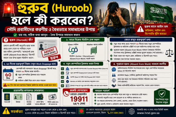 সৌদিতে হুরুব হলে কী করবেন? Huroob কাটানো, Transfer ও ৬০ দিনের নিয়ম ২০২৬
