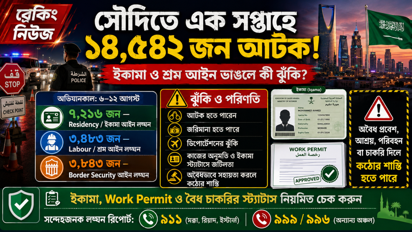 🚔 সৌদিতে এক সপ্তাহে ১৪,৫৪২ জন আটক—ইকামা ও শ্রম আইন ভাঙলে কী ঝুঁকি?
