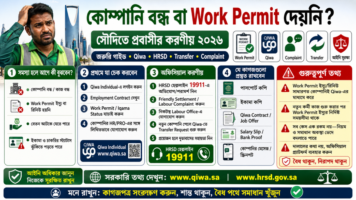 কোম্পানি বন্ধ বা Work Permit দেয়নি? সৌদিতে প্রবাসীর করণীয় ২০২৬
