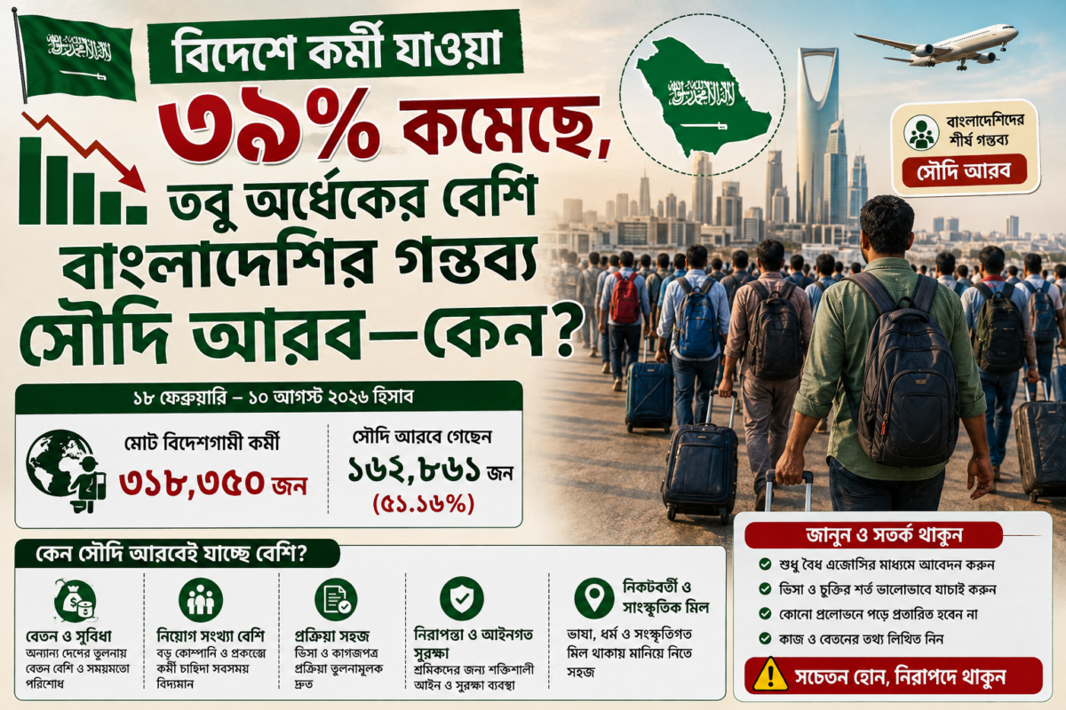 বিদেশে কর্মী যাওয়া ৩৯% কমেছে, তবু অর্ধেকের বেশি বাংলাদেশি যাচ্ছেন সৌদিতে—কেন?