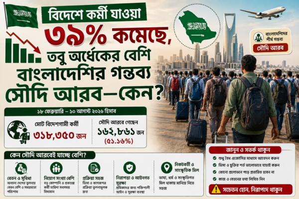 বিদেশে কর্মী যাওয়া ৩৯% কমেছে, তবু অর্ধেকের বেশি বাংলাদেশি যাচ্ছেন সৌদিতে—কেন?