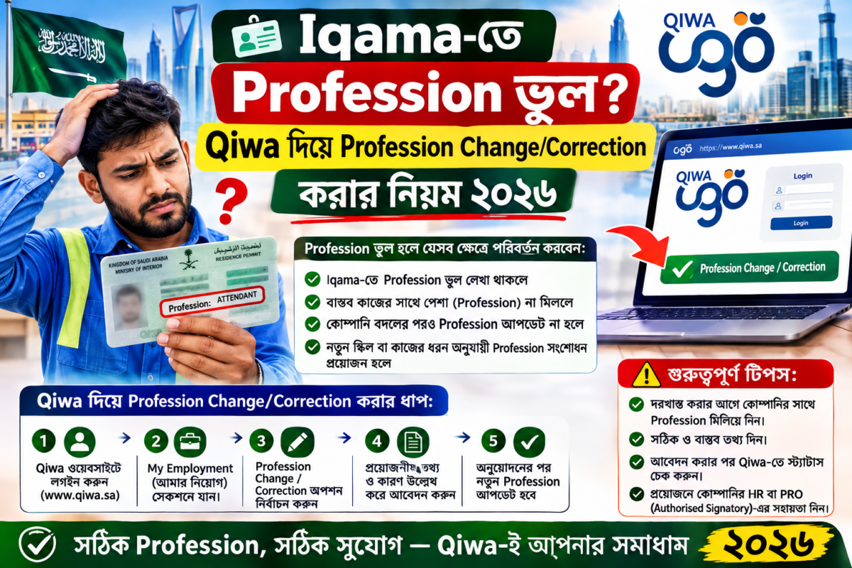 🪪 Iqama-তে Profession ভুল? Qiwa দিয়ে Profession Change/Correction করার নিয়ম ২০২৬