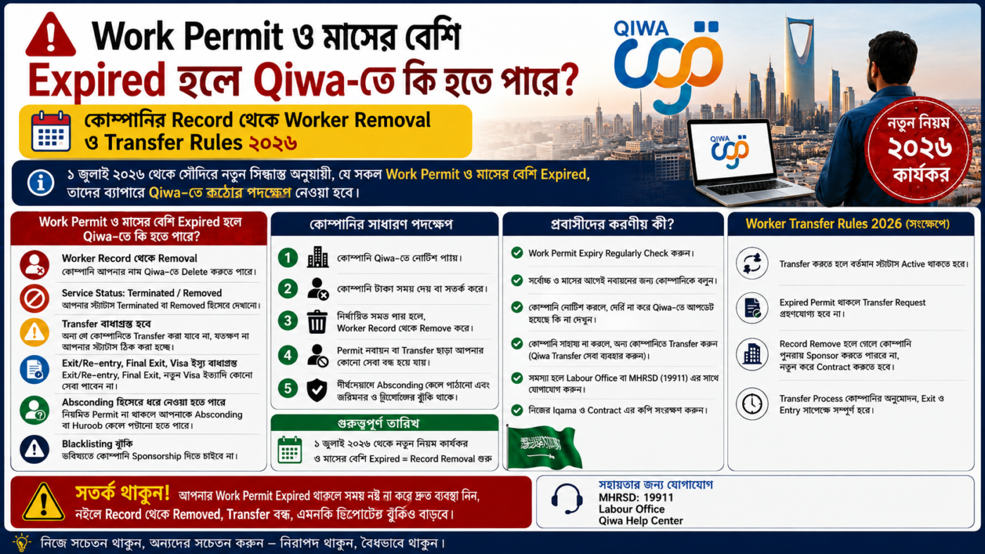 Work Permit ৩ মাস Expired? Qiwa Worker Removal ও Saudi Transfer Rules 2026