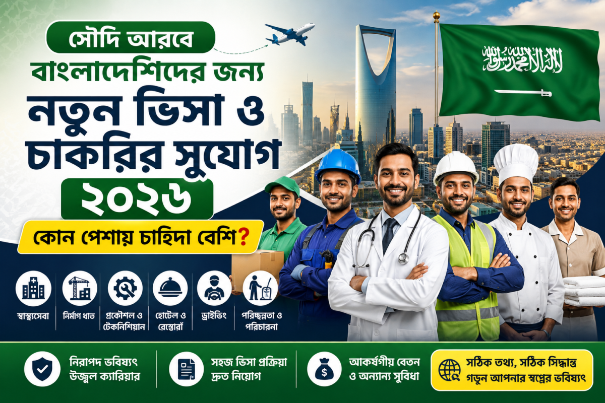 সৌদি আরবে বাংলাদেশিদের জন্য নতুন ভিসা ও চাকরির সুযোগ ২০২৬ — কোন পেশায় চাহিদা বেশি